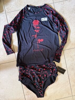 NWT Blackcraft Dark Rose Rash Guard Set Red Rose Print Medium Bathing Suit Rare